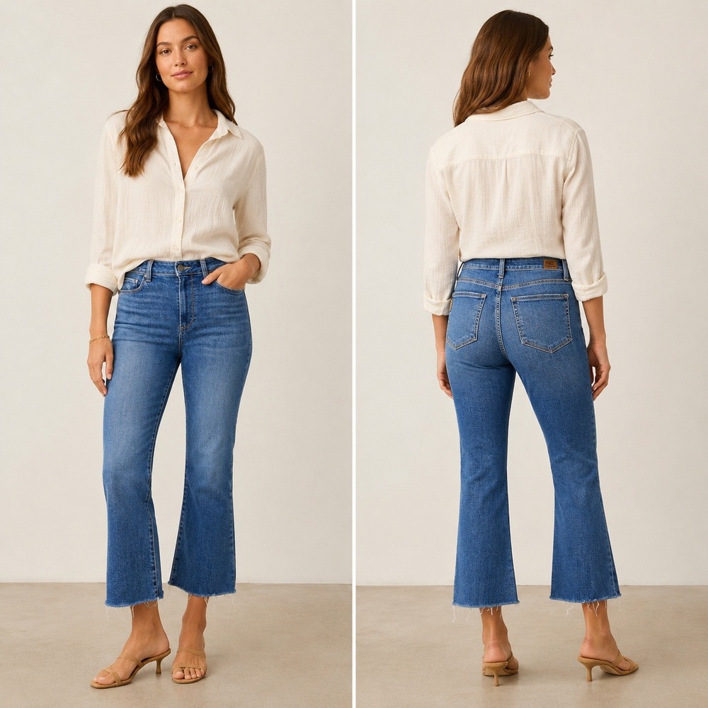 Paige Rory Crop Flare Jeans Womens 28 Blue High Rise Raw Hem Stretch